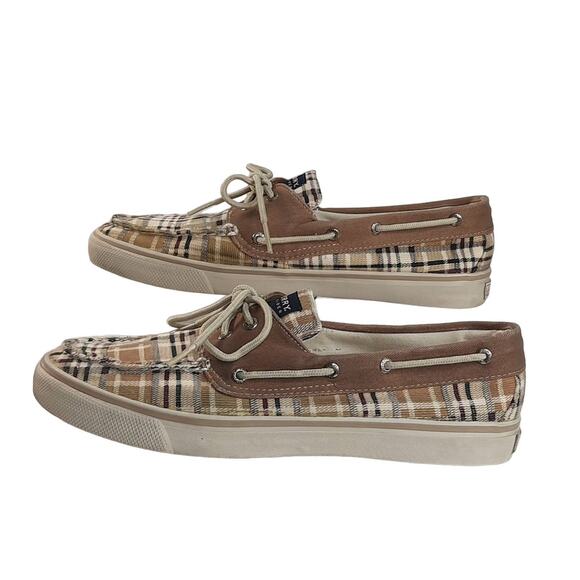 Sperry Top-Sider Tan Red Green Plaid Canvas Loafers Women's Size 10M‎ - Picture 1 of 12
